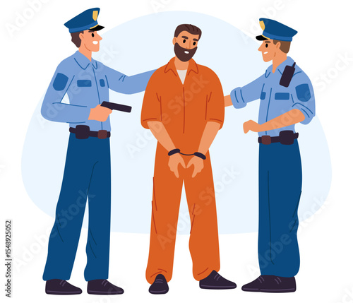 Police officers have apprehended dangerous criminal and escorting him to policeman station. Law punishment. Robber in handcuff. Jail convoy. Guilty thief detainment. Vector concept