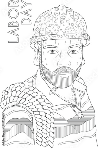Labor Day Line Art: Portrait of a Sweaty, Determined Worker in Hard Hat and Rope for Holiday Themes and Coloring