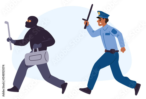 Police officer with baton chases robber. Crime running away from policeman. Criminal escapes from security guard. Gangster with stolen bag. Cop and bandit pursuit race. Vector concept