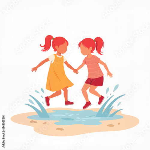 Cheerful girls jumping in puddles, joyful childhood fun