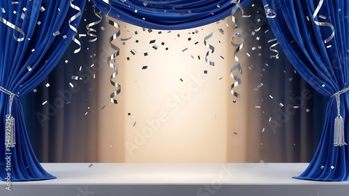 A vibrant illustration of a blue stage curtain with falling confetti, perfect for event backdrops, stage design, or festive celebration visuals.