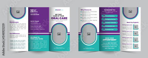 Dental clinic Business Trifold Brochure Design for Hospitals, Clinics, or Healthcare Services. Modern Trifold brochure for teeth treatment, checkup, and oral care promotion Template