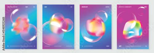 Modern gradient liquid glass poster background vector set.Cover template with vibrant perspective geometric prism shape. Ideal design for social media, cover, banner, wallpaper.