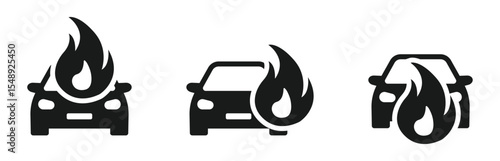 Car on fire icons. Burning car sign