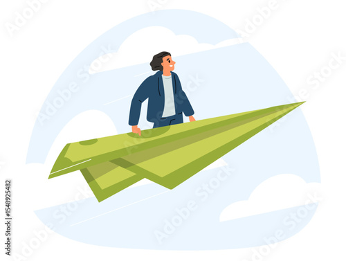 Financial success and growth. Wealthy businessman flying money bill airplane. Dollar banknote plane flight. Successful investment. Billionaire profit. Finance income. Vector concept
