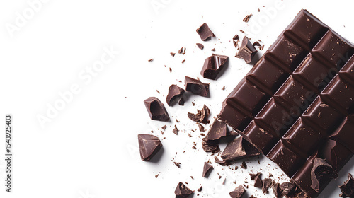 A chocolate bar with chocolate chips on it. The chocolate bar is broken into pieces. Concept of indulgence and enjoyment, as the chocolate is a popular treat that people often enjoy