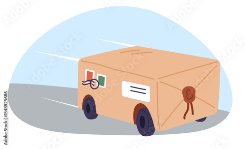 Fast delivery. Cardboard box with parcel on wheels quickly goes to address. Express shipping. Order package shipment. Mail container speed motion. Drone courier traffic. Vector concept