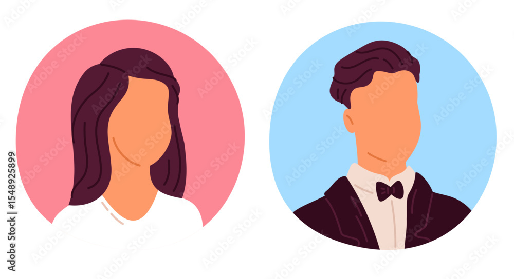 Abstract female and male face icons. Avatars or anonymous profiles. Social media anonymous sign. Round minimal portrait. Young man and woman. Nameless smile heads. Vector user symbols set Abstract female and male face icons. Avatars or anonymous profiles. Social media anonymous sign. Round minimal portrait. Young man and woman. Nameless smile heads. Vector user symbols set