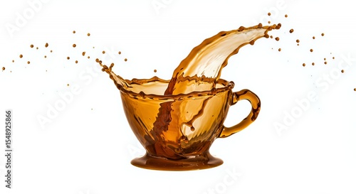 Amber Liquid Splashing into a Glass Cup, Isolated on White