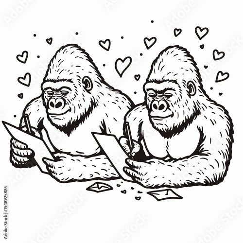 Gorilla couple Writing love letters. Valentine Romance Cupid February Clipart Line Art Vector Illustration. Ape duo penning note concept of amorous communication.
