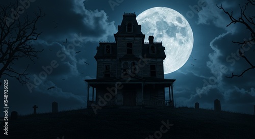 Eerie Victorian Mansion Under a Full Moon's Shadow