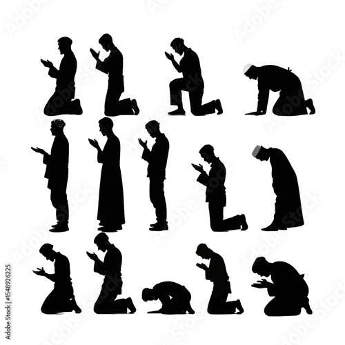 Praying Silhouettes: A collection of praying silhouette figures in various poses, capturing the serenity and devotion of faith. A simple, yet elegant depiction of spiritual expression.