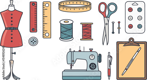 set of sewing accessories Flat Icon Set of Fashion Designer and Tailoring Tools on White Background.