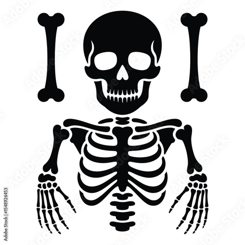 Skeleton face and bones vector set with black creepy silhouettes on isolated black and white background