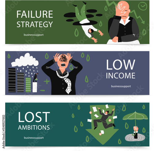 banners about business failure such as failure strategy, low income, and lost ambitions