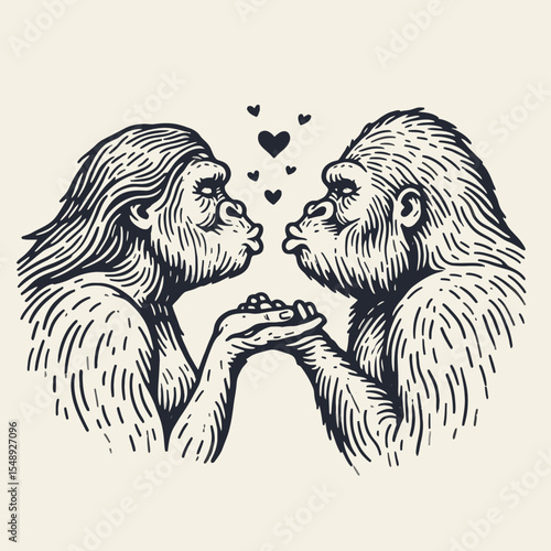 Gorilla couple Blowing kisses to each other. Valentine Love Romance Cupid February Clipart Line Art Vector Illustration. Ape duo sending air affection a primate romantic interaction concept.