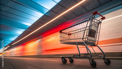 High-Speed Shopping Cart in Motion with Neon Light Trails in Futuristic Corridor