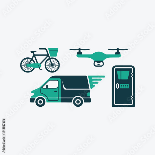 Teal and Dark Blue Delivery Methods Illustration Featuring Bicycle Van Drone and Secure Locker image