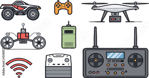 Flat Icon Set of Remote Control Hobbies Vector for RC Car and Drone Enthusiasts.