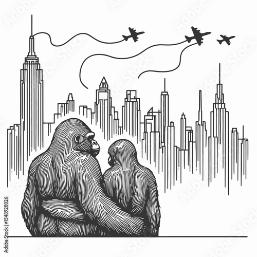 Gorilla couple City Skyline Backdrop. Valentine Love Romance Cupid February Clipart Line Art Vector Illustration. Ape pair urban vista background primate town horizon view decor.