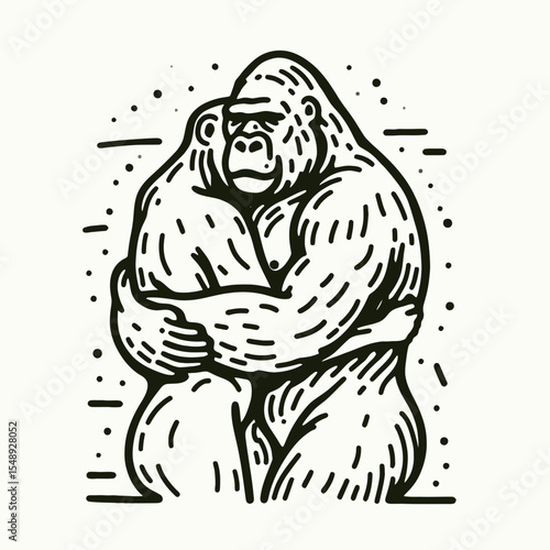 Gorilla couple Classic Embrace. Valentine Love Romance Cupid February Clipart Line Art Vector Illustration. Ape pair ancient hug affection primate duo loving animal connection.