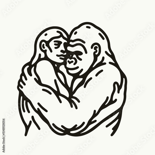 Gorilla couple Classic Embrace. Valentine Love Romance Cupid February Clipart Line Art Vector Illustration. Ape duo loving normal hug primate relation wildlife kinship moment.