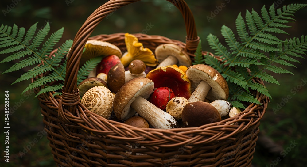 Forest Fungi Harvest: A Rustic Basket Overflowing with Wild Mushrooms Forest Fungi Harvest: A Rustic Basket Overflowing with Wild Mushrooms