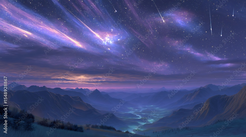 Naklejka premium Shooting Stars Over Mountain Landscape