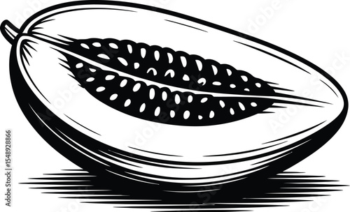 A black and white graphic illustration of a halved melon with seeds on a white background isolated