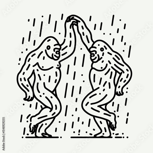 Gorilla couple Dancing in the rain. Valentine Love Romance Cupid February Clipart Line Art Vector Illustration. Ape pair frolic shower a wild creature enjoy rain primate activity.