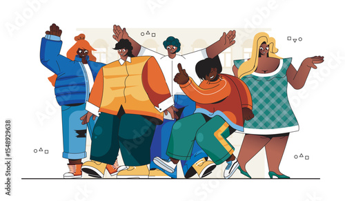 Black community concept for modern web design. African american people standing together, ethnicity diversity group, happy friends in crowd. Flat vector illustration isolated on white background.