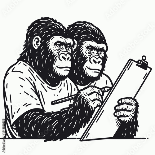 Gorilla couple Drawing or painting together. Valentine Love Romance Cupid February Clipart Line Art Vector Illustration. Ape pair image creation primate project dual concept design.