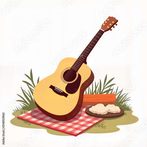 Acoustic guitar resting on picnic blanket, summer leisure