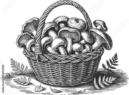 A detailed sketch of a woven basket overflowing with mushrooms and ferns on a white background art