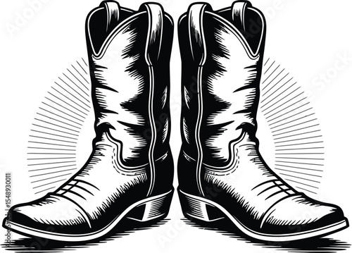 A pair of black and white cowboy boots facing each other with radiating lines in the background design