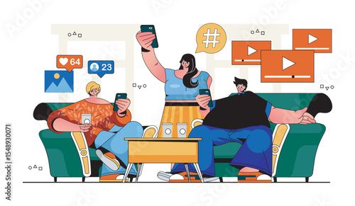 People sit in gadgets concept for modern web design. Men and women using smartphones, internet browsing, online communication, watching video. Flat vector illustration isolated on white background.