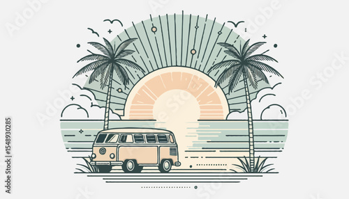 Vintage cartoon vector illustration of a car on a road traveling to a tropical island beach with palm trees, sun, and sea