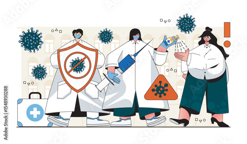Virus protection concept for modern web design. People protecting against disease, stop pandemic spread doctors doing vaccinations and treatment. Flat vector illustration isolated on white background.