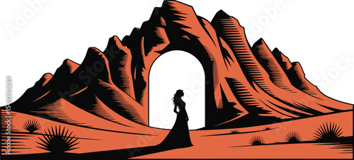 Silhouette of a woman standing near a rock archway in a desert landscape with sparse vegetation