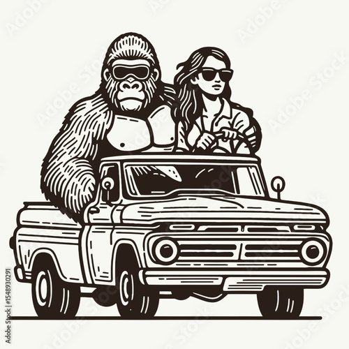 Gorilla couple drive retro truck. Valentine Love Romance Cupid February Clipart Line Art Vector Illustration. Ape duo motor vintage pickup primate affection in auto journey.