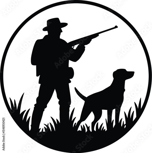 A silhouette of a hunter with a rifle and a dog standing in grass inside of a black circle frame