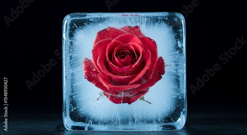 Frozen in Time: A Single Red Rose Encased in a Crystal-Clear Ice Cube