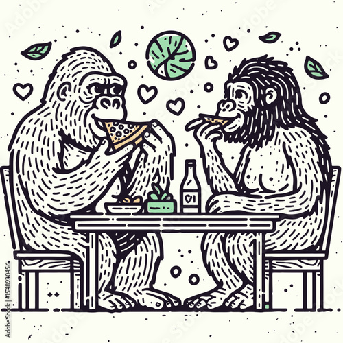 Gorilla couple eat pizza. Valentine Love Romance Cupid February Clipart Line Art Vector Illustration. Ape pair consume flatbread primate lovebirds enjoy baked dough treat.