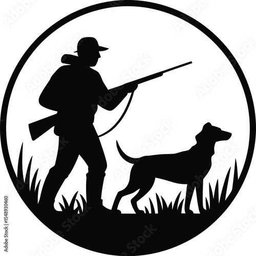 Silhouette of a hunter with a rifle and a dog in a circular frame on a white background design icon