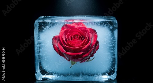 Frozen in Time: A Vibrant Red Rose Preserved Forever in a Crystal-Clear Ice Cube, a Stunning Symbol of Enduring Beauty and Ephemeral Existence.