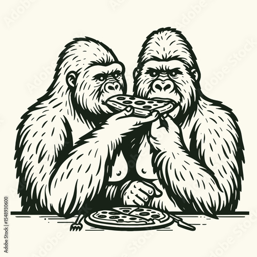Gorilla couple eat pizza. Valentine Love Romance Cupid February Clipart Line Art Vector Illustration. Primate duo enjoy flatbread meal wild animal consume baked dough circle.