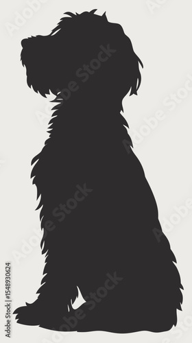 Silhouette of sitting fluffy dog with curly fur and shaggy coat in minimalist flat style vector illustration for pet and animal design concepts