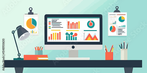 Flat vector illustration of business data analytics dashboard on computer screen with charts and graphs in modern workspace with stationery and lamp