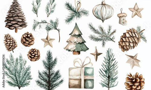 Watercolor Christmas pine cones fir branches gift box star ornaments winter holiday decorations seamless set in natural earthy tones vector illustration