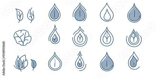 Minimalist water drop and leaf line icons set, nature inspired liquid symbols, eco friendly water elements, editable stroke vector illustrations